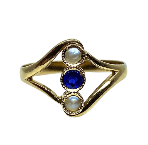 Bague 54 Bague en or jaune 18 carats avec perles et pierre bleue 58 Facettes AB427