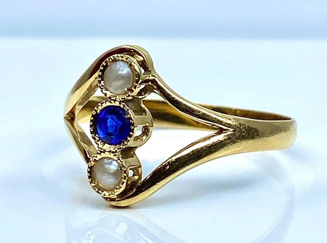 Bague 54 Bague en or jaune 18 carats avec perles et pierre bleue 58 Facettes AB427
