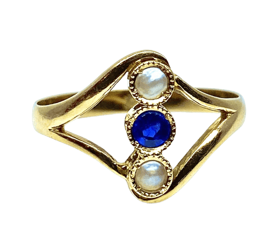 Bague 54 Bague en or jaune 18 carats avec perles et pierre bleue 58 Facettes AB427