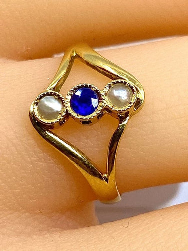 Bague 54 Bague en or jaune 18 carats avec perles et pierre bleue 58 Facettes AB427