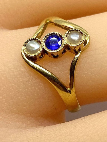 Bague 54 Bague en or jaune 18 carats avec perles et pierre bleue 58 Facettes AB427
