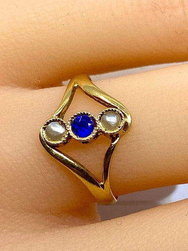Bague 54 Bague en or jaune 18 carats avec perles et pierre bleue 58 Facettes AB427