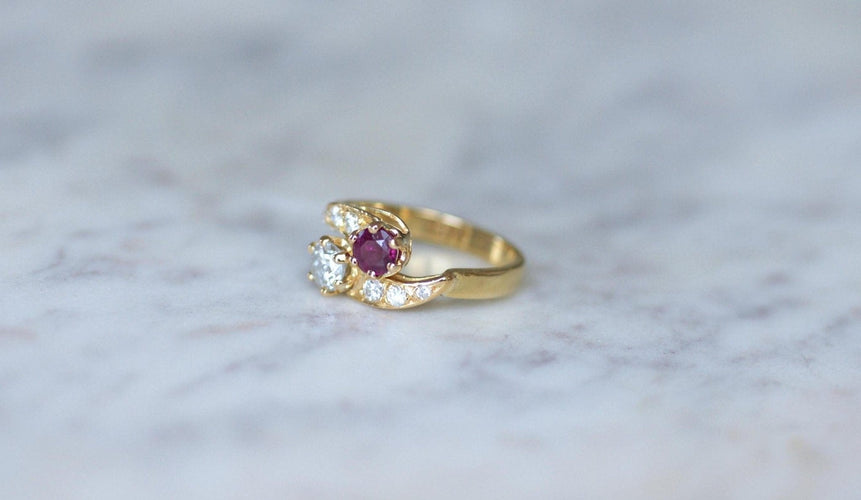 Bague 58 Bague Toi et Moi - Rubis et diamants en or jaune 58 Facettes