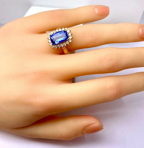 Bague 53 Bague en or jaune 18 carats tanzanite 3,50 ct et diamants 58 Facettes AB527
