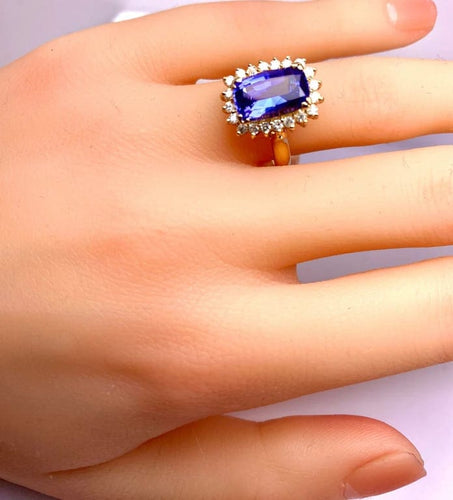 Bague 53 Bague en or jaune 18 carats tanzanite 3,50 ct et diamants 58 Facettes AB527