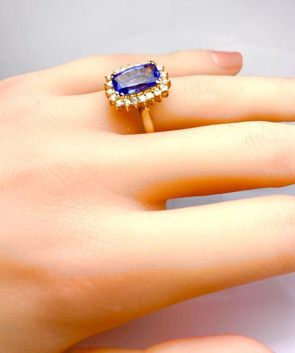 Bague 53 Bague en or jaune 18 carats tanzanite 3,50 ct et diamants 58 Facettes AB527