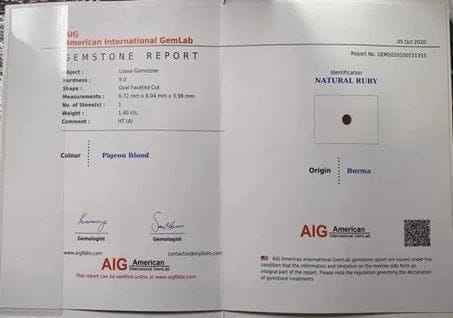 Gemstone Rubis naturel 1,40 ct Birmanie « sang de pigeon » certifié AIG 58 Facettes 489