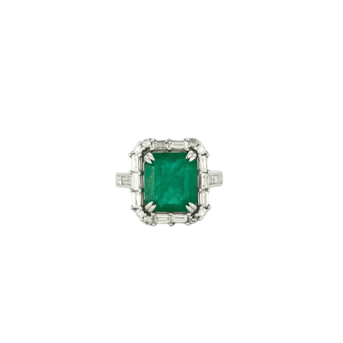 Bague 52 Bague en or blanc 18 kt avec émeraude et diamants 58 Facettes