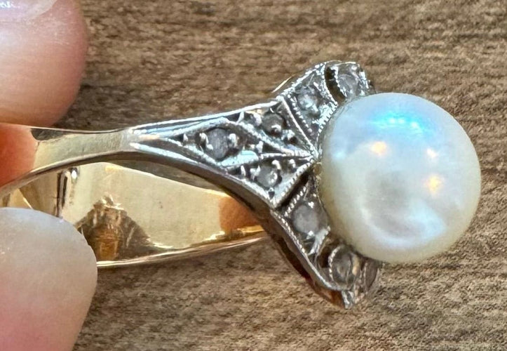 Bague 52 Bague ancienne en or jaune 585 avec perle fine et diamants 58 Facettes