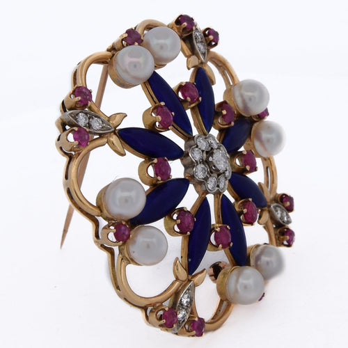 Broche Spilla vintage - Motif floral en or jaune 18 ct avec perles, rubis et diamants 58 Facettes SP15 '(05329)