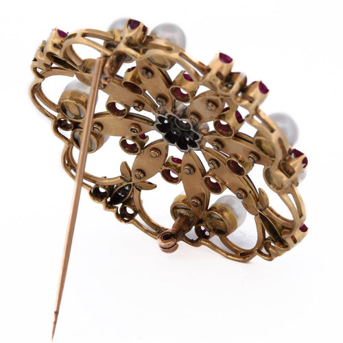 Broche Spilla vintage - Motif floral en or jaune 18 ct avec perles, rubis et diamants 58 Facettes SP15 '(05329)