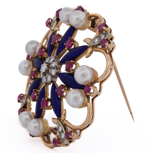 Broche Spilla vintage - Motif floral en or jaune 18 ct avec perles, rubis et diamants 58 Facettes SP15 '(05329)