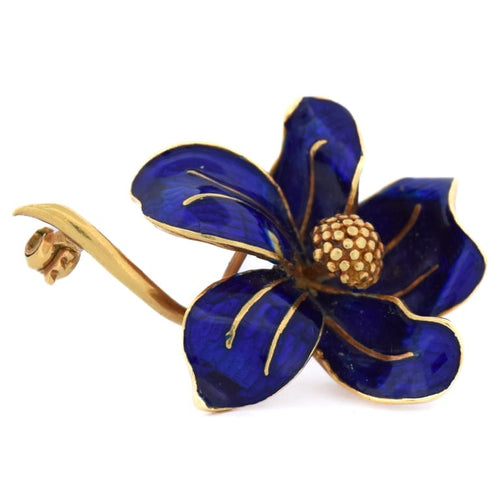 Broche Broche fleur vintage en or jaune 18 kt et émail bleu 58 Facettes SP10 '(0989)