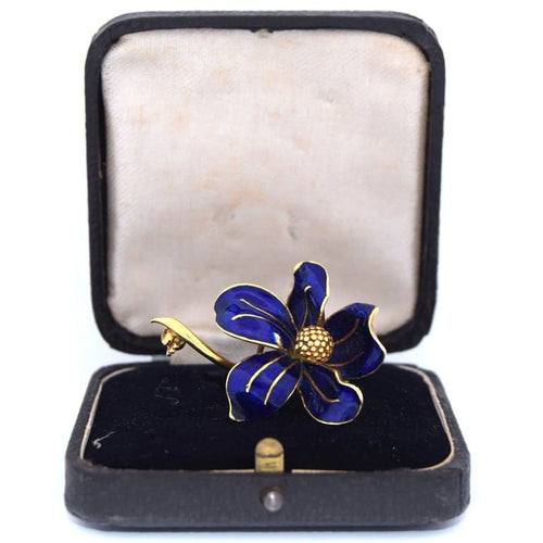 Broche Broche fleur vintage en or jaune 18 kt et émail bleu 58 Facettes SP10 '(0989)