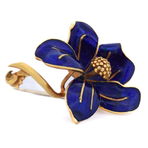 Broche Broche fleur vintage en or jaune 18 kt et émail bleu 58 Facettes SP10 '(0989)