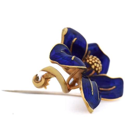 Broche Broche fleur vintage en or jaune 18 kt et émail bleu 58 Facettes SP10 '(0989)