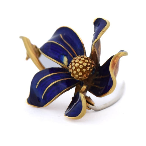 Broche Broche fleur vintage en or jaune 18 kt et émail bleu 58 Facettes SP10 '(0989)