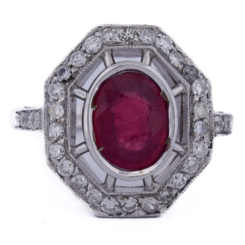 Bague 54 Bague Art déco en or blanc 18 Kt avec rubis et diamants 58 Facettes AN107 (0589)