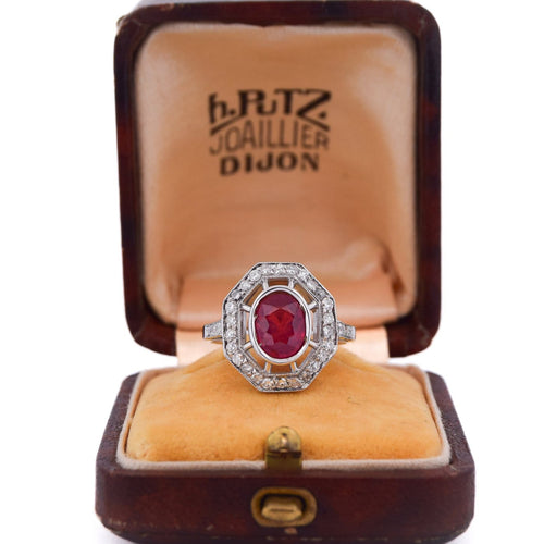 Bague 54 Bague Art déco en or blanc 18 Kt avec rubis et diamants 58 Facettes AN107 (0589)