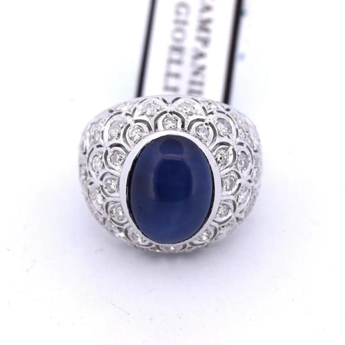 Bague 56 Bague Art Nouveau en or blanc 18 carats avec saphir cabochon et diamants 58 Facettes