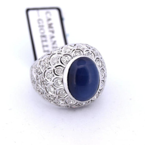Bague 56 Bague Art Nouveau en or blanc 18 carats avec saphir cabochon et diamants 58 Facettes