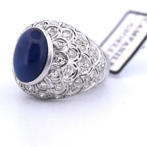 Bague 56 Bague Art Nouveau en or blanc 18 carats avec saphir cabochon et diamants 58 Facettes