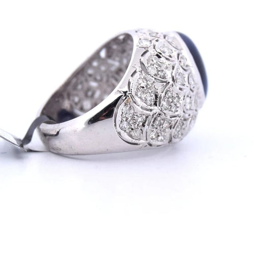 Bague 56 Bague Art Nouveau en or blanc 18 carats avec saphir cabochon et diamants 58 Facettes