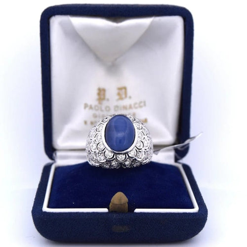 Bague 56 Bague Art Nouveau en or blanc 18 carats avec saphir cabochon et diamants 58 Facettes