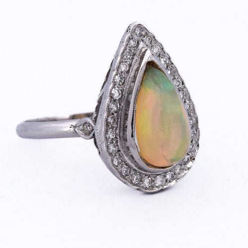 Bague 54 Bague Art déco en or blanc 18 ct avec opale et diamants 58 Facettes AN100 (0069)