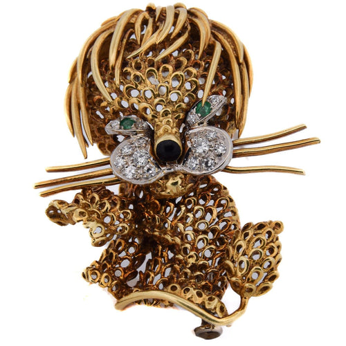 Broche Broche lion vintage en or jaune 18 carats, émeraudes et diamants 58 Facettes SP27 '(00329)