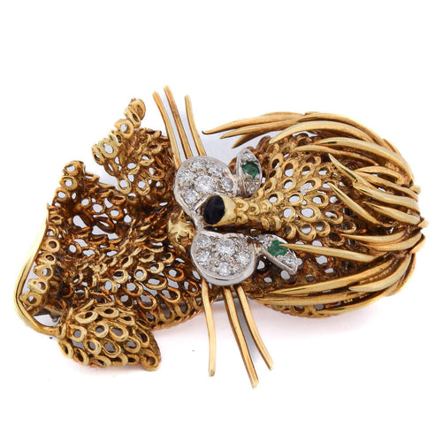 Broche Broche lion vintage en or jaune 18 carats, émeraudes et diamants 58 Facettes SP27 '(00329)