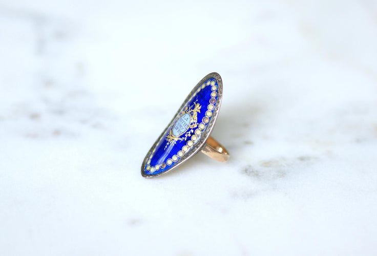 Bague 50.5 Bague navette XVIIIe siècle en or rose et argent émaillée 58 Facettes