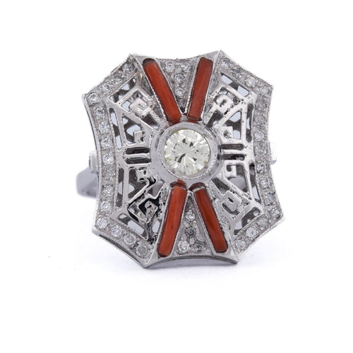 Bague 54 Bague en platine ornée de diamants et de corail 58 Facettes AN380