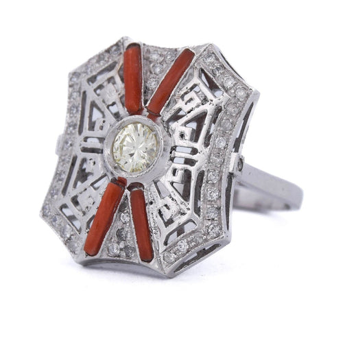 Bague 54 Bague en platine ornée de diamants et de corail 58 Facettes AN380