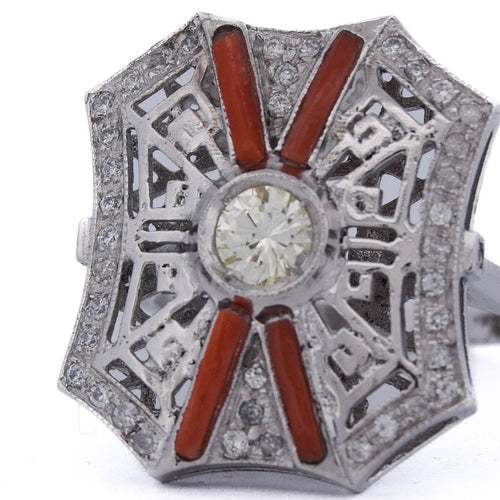 Bague 54 Bague en platine ornée de diamants et de corail 58 Facettes AN380