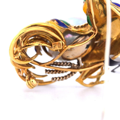 Broche Broche coq - Motif animalier en or jaune 18 carats, émaux et perles baroques 58 Facettes SP37 '(00039)