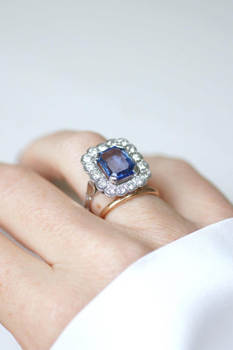 Bague Art Déco - Bague marguerite en or blanc saphir de Ceylan et diamants 58 Facettes