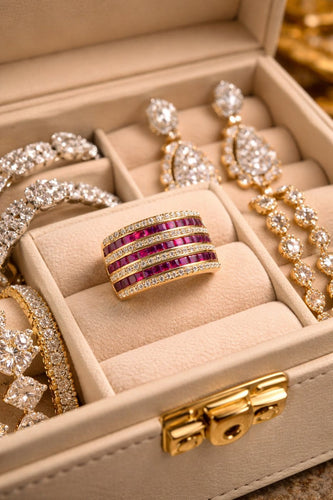 Bague 55 Bague vintage multibande en or jaune 750 avec rubis et diamants 58 Facettes 50358