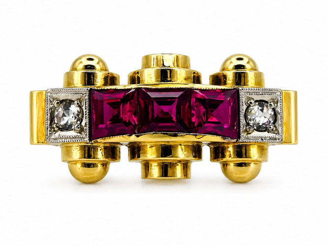 Bague 56 Bague Art déco chevalière en or jaune 18 carats, diamants et rubis 58 Facettes 50405