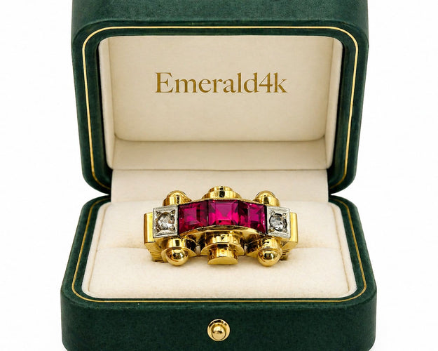 Bague 56 Bague Art déco chevalière en or jaune 18 carats, diamants et rubis 58 Facettes 50405