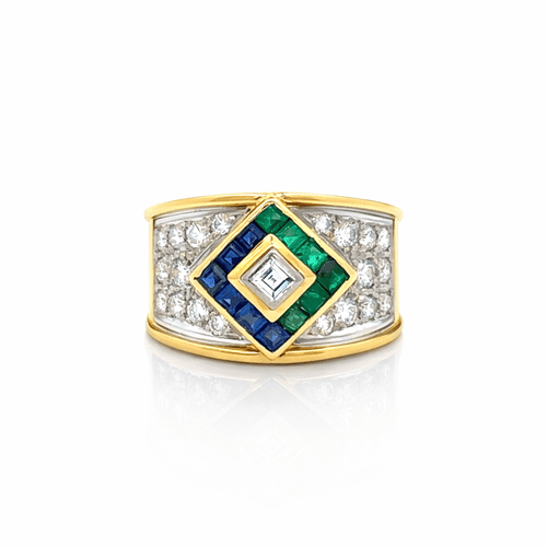 Bague 53 Bague bicolore en or jaune et or blanc 18k avec diamants, saphirs et émeraudes colombiennes 58 Facettes 50211