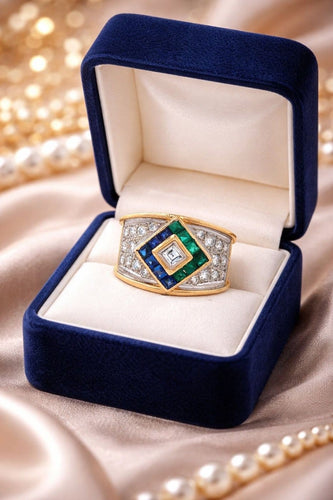 Bague 53 Bague bicolore en or jaune et or blanc 18k avec diamants, saphirs et émeraudes colombiennes 58 Facettes 50211