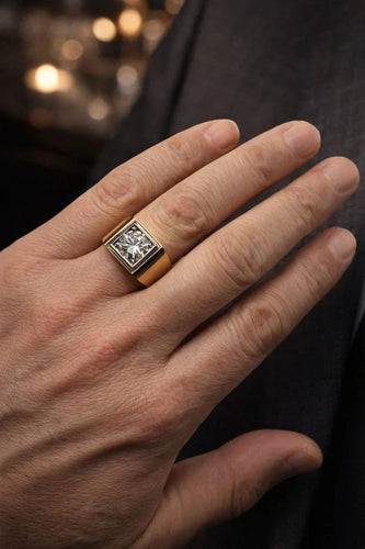 Bague 59 Chevalière - Bague homme en or jaune 750 et platine, diamant naturel 58 Facettes 50420