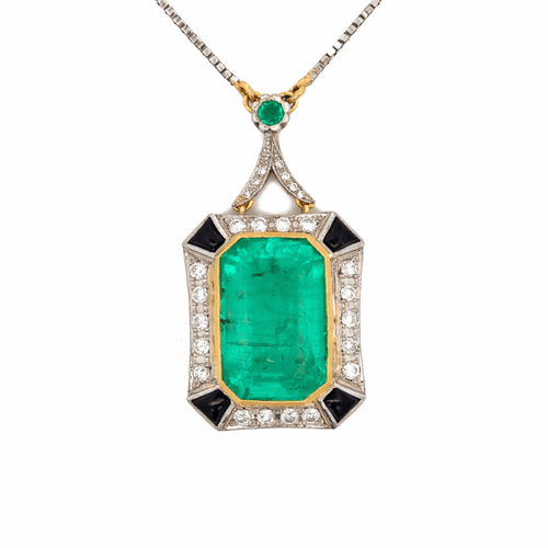 Collier Collier avec pendentif Art déco en or et platine, émeraude colombienne 14 ct 58 Facettes 50247