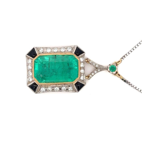 Collier Collier avec pendentif Art déco en or et platine, émeraude colombienne 14 ct 58 Facettes 50247