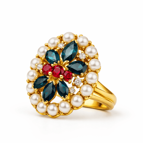 Bague 52 Bague vintage ovale en or jaune 14K avec rubis, saphirs, perles et diamants 58 Facettes 50312