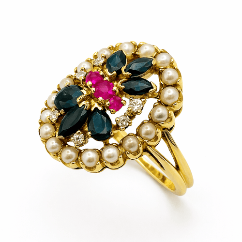 Bague 52 Bague vintage ovale en or jaune 14K avec rubis, saphirs, perles et diamants 58 Facettes 50312