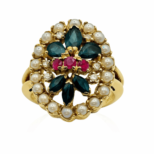 Bague 52 Bague vintage ovale en or jaune 14K avec rubis, saphirs, perles et diamants 58 Facettes 50312