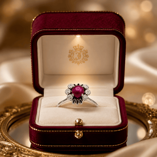 Bague 60 Bague en or blanc, rubis central et diamants 58 Facettes 50333