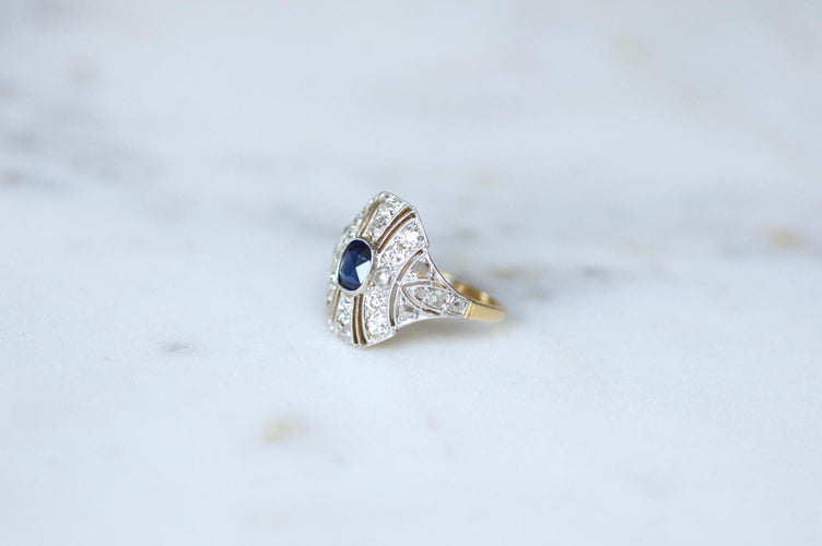 Bague 51 Art Déco - Bague dôme en or jaune et platine saphir et diamants 58 Facettes